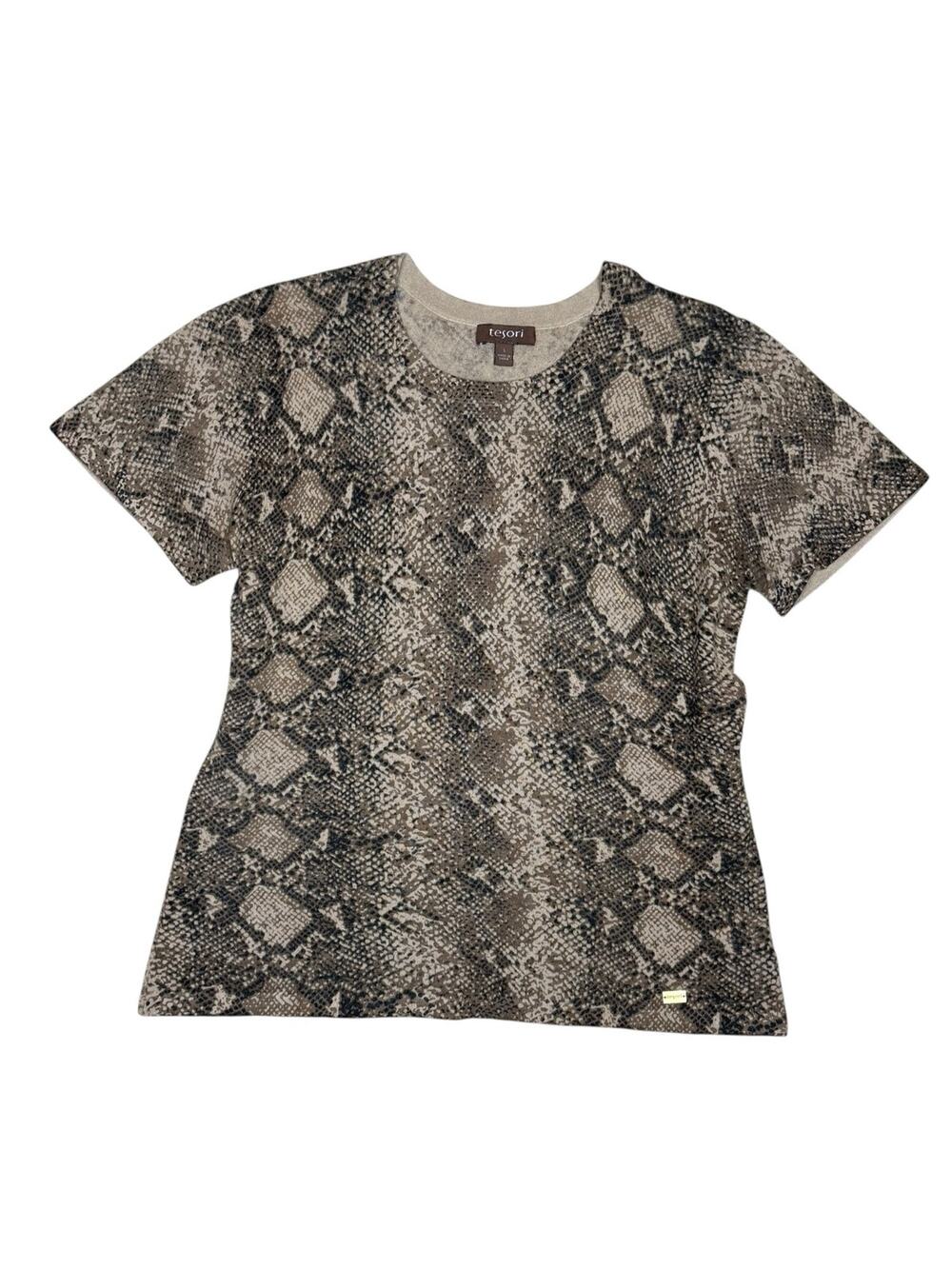 Vintage Tesori Snakeskin Brown Black Short Sleeve Cashmere Sweater Size Small